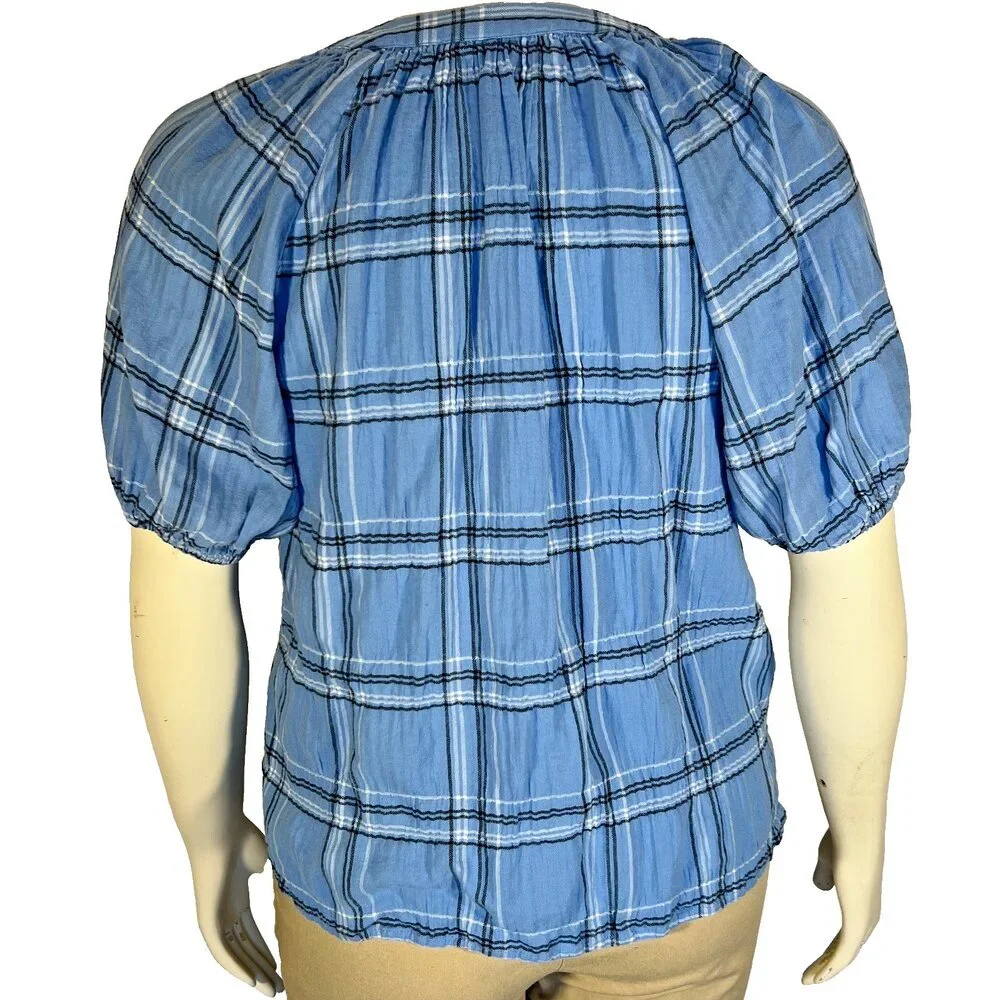 LOFT Blouse Womens L Short Puff Sleeve Tied V-Neck Blue Plaid Print Babydoll